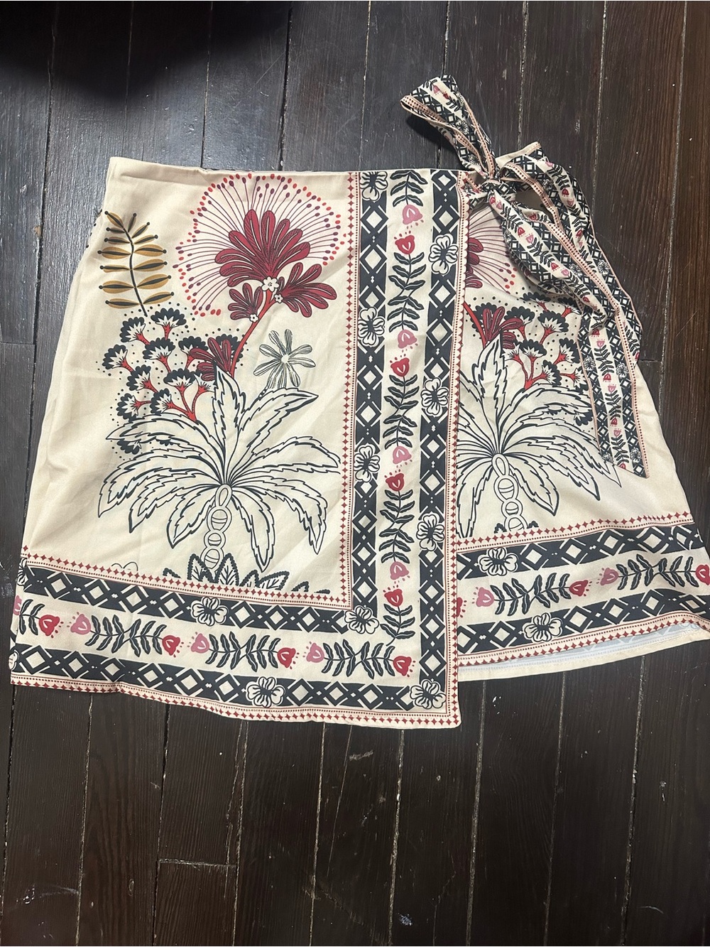 Printed Wrap Skirt in Cream with Pink and Black Accents